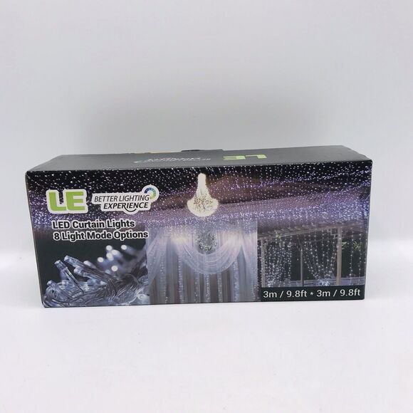 LE LED Curtain Lights 9.8 x 9.8 ft 8 Light Mode Options Daylight White String - Picture 2 of 5